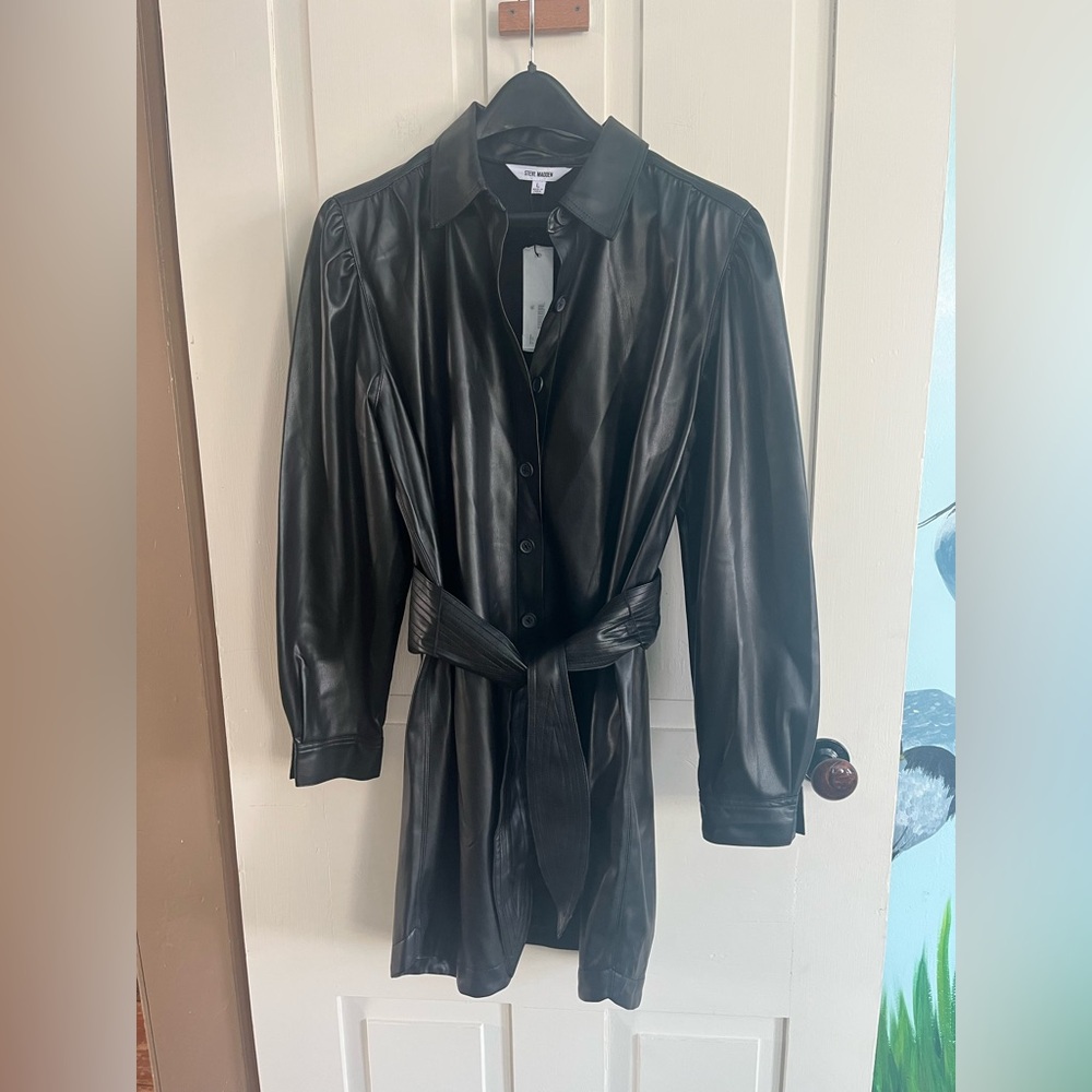 Steve Madden Black Faux Leather Belted Jacket